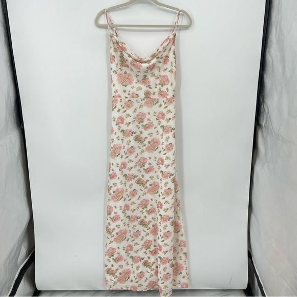 LPA white pink Floral Maxi long Dress Sz S spaghetti strap draped neckline - Picture 4 of 14